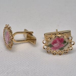 VINTAGE Gold Tone Handcrafted Dainty Petit Point Floral Cufflinks